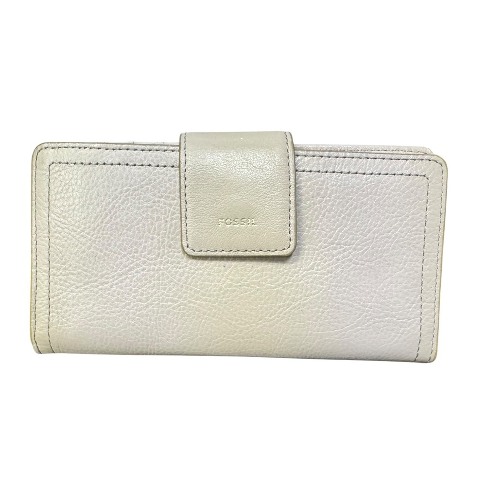 Fossil Womens Beige Pebbled Leather Slim Bifold Wallet Organizer Gold Hardware